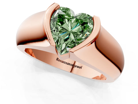 Rose gold Fancy Green Heart Cut Solitaire Bezel Set Diamond Ring with Wide Band_1