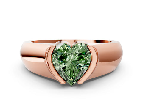 Rose gold Fancy Green Heart Cut Solitaire Bezel Set Diamond Ring with Wide Band
