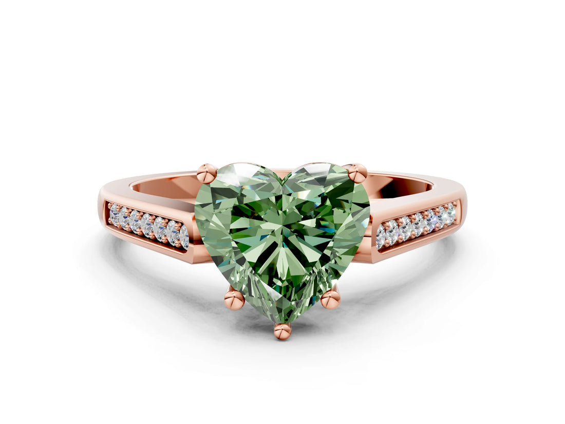 Rose gold Fancy Green Heart Cut Solitaire Cathedral Diamond Engagement Ring with Channel-Set Band and Four-Prong Setting_3