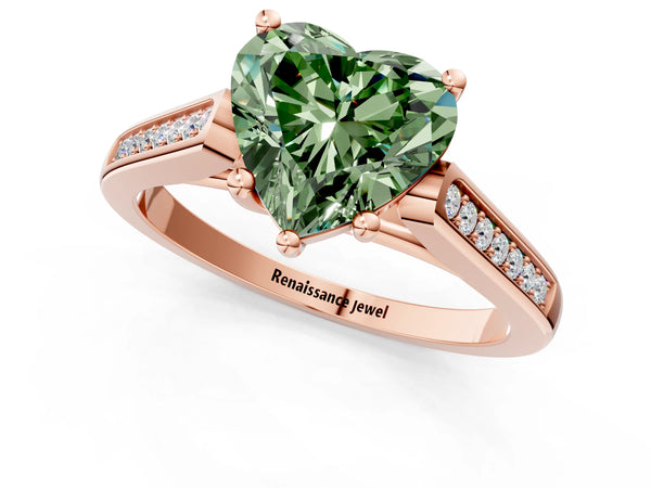 Rose gold Fancy Green Heart Cut Solitaire Cathedral Diamond Engagement Ring with Channel-Set Band and Four-Prong Setting