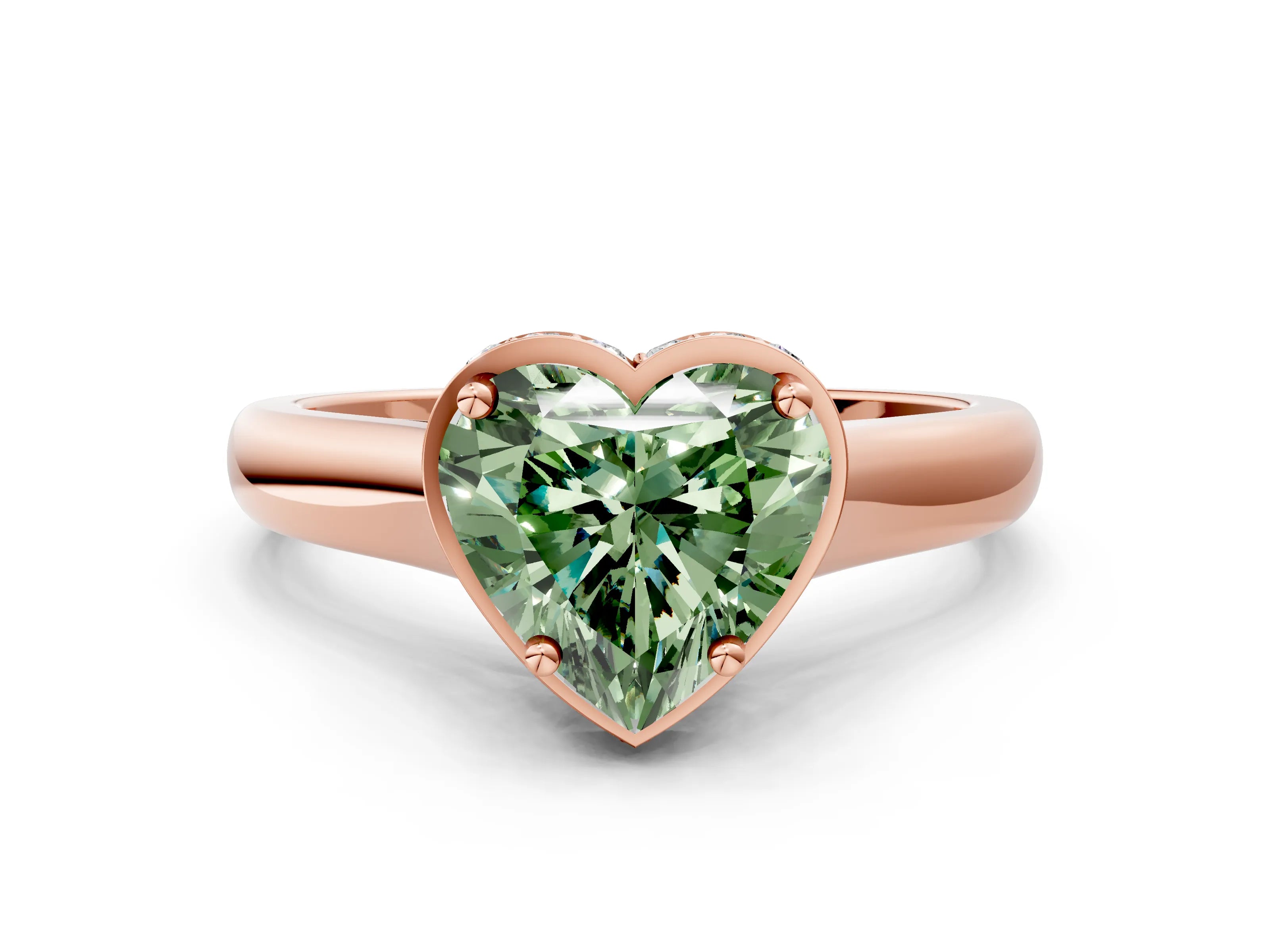 Rose gold Fancy Green Heart Cut Solitaire Diamond Engagement Ring with Four-Prong Setting and Tapered Band