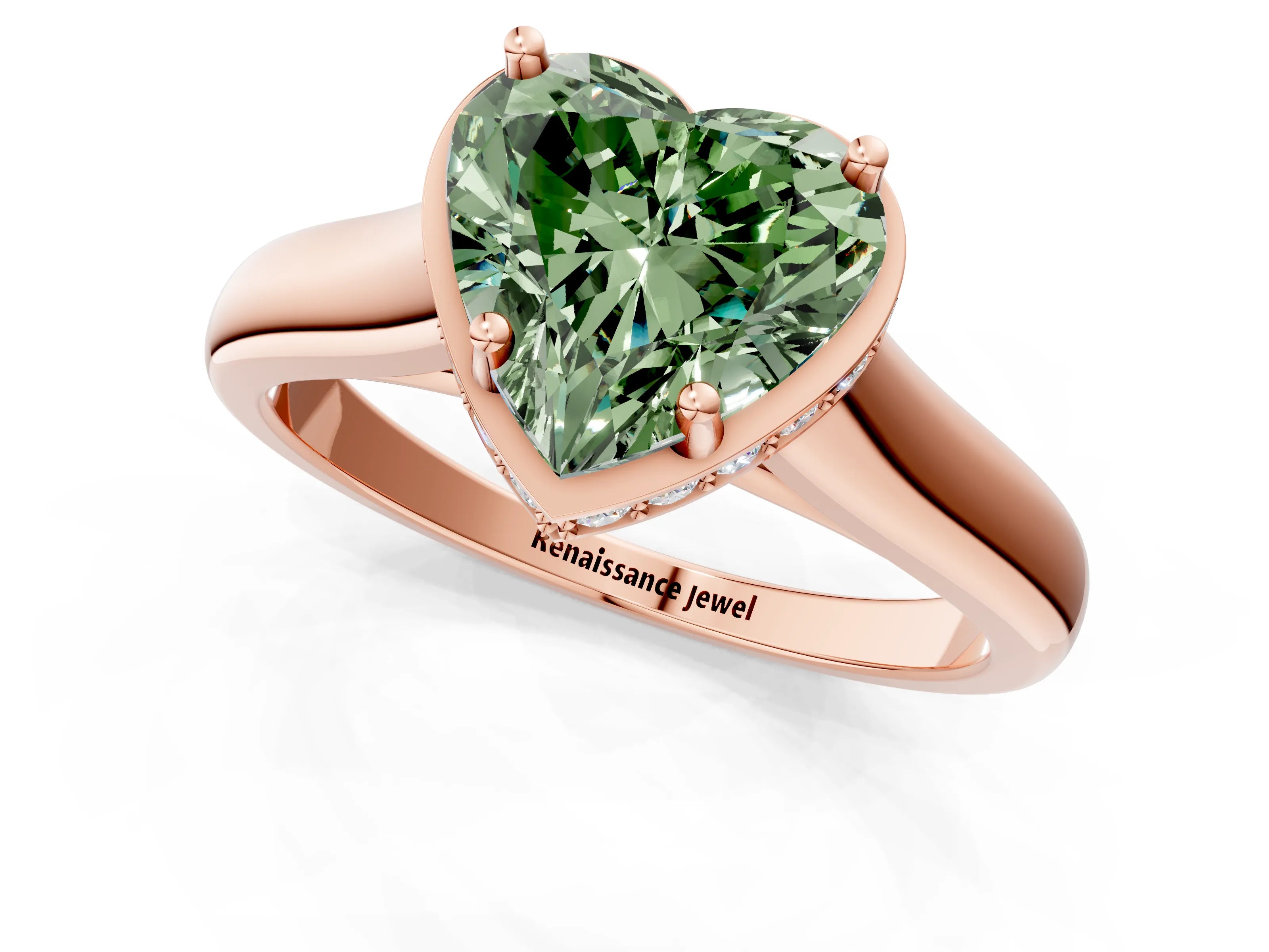 Rose gold Fancy Green Heart Cut Solitaire Diamond Engagement Ring with Four-Prong Setting and Tapered Band_1