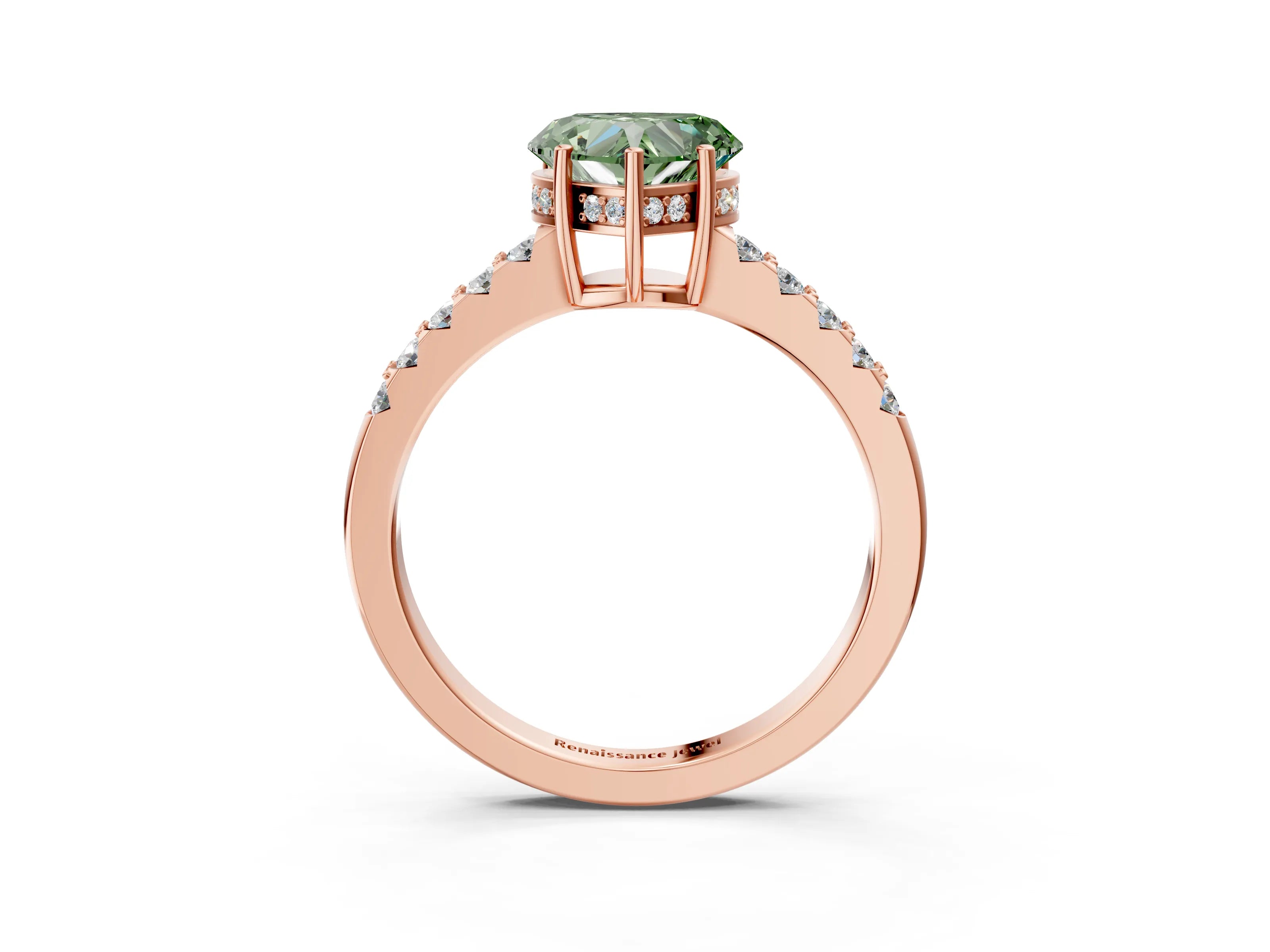 Rose gold Fancy Green Heart Cut Solitaire Diamond Engagement Ring with Pavé Band and Six-Prong Setting_15