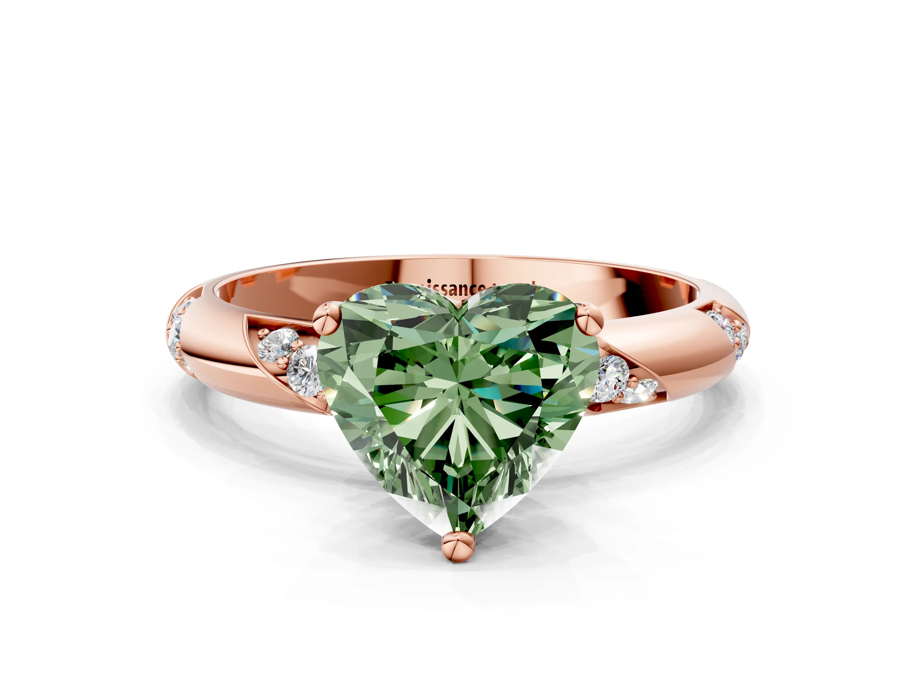 Rose gold Fancy Green Heart Cut Solitaire Diamond Engagement Ring with Twisted Pave Band and Four-Prong Setting_3