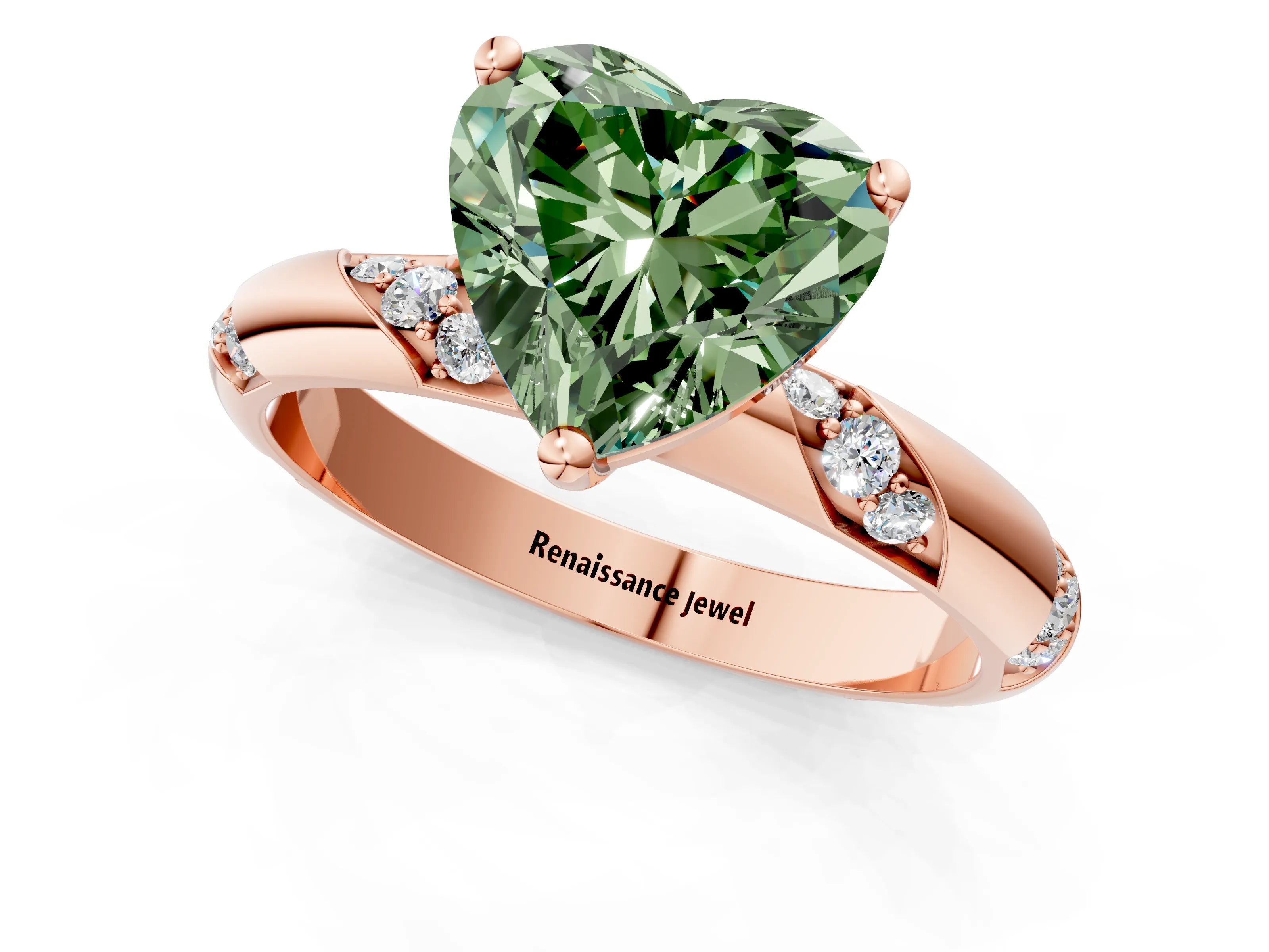 Rose gold Fancy Green Heart Cut Solitaire Diamond Engagement Ring with Twisted Pave Band and Four-Prong Setting_4