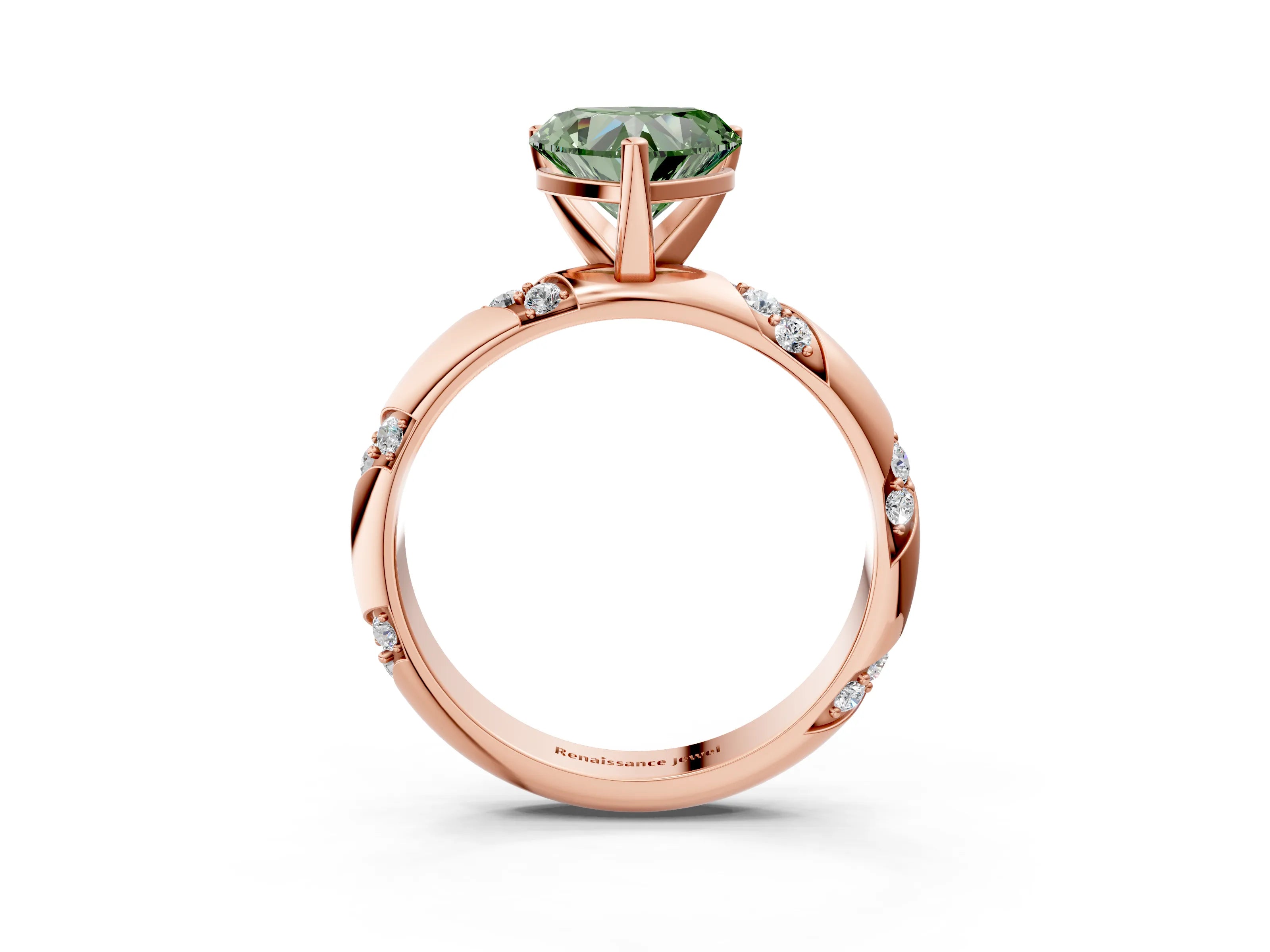 Rose gold Fancy Green Heart Cut Solitaire Diamond Engagement Ring with Twisted Pave Band and Four-Prong Setting_6