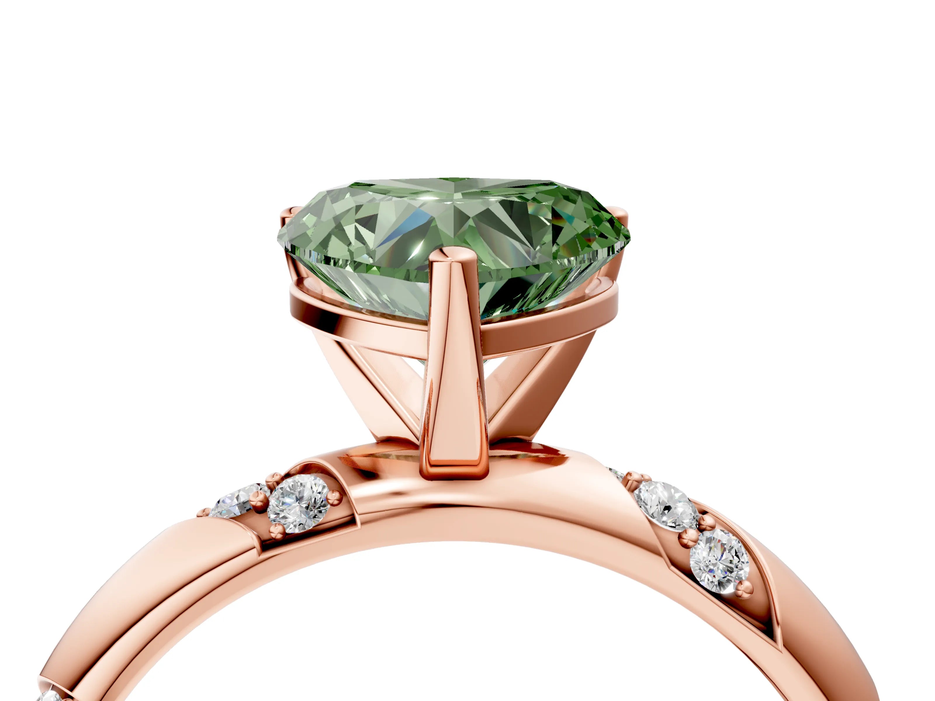 Rose gold Fancy Green Heart Cut Solitaire Diamond Engagement Ring with Twisted Pave Band and Four-Prong Setting_7