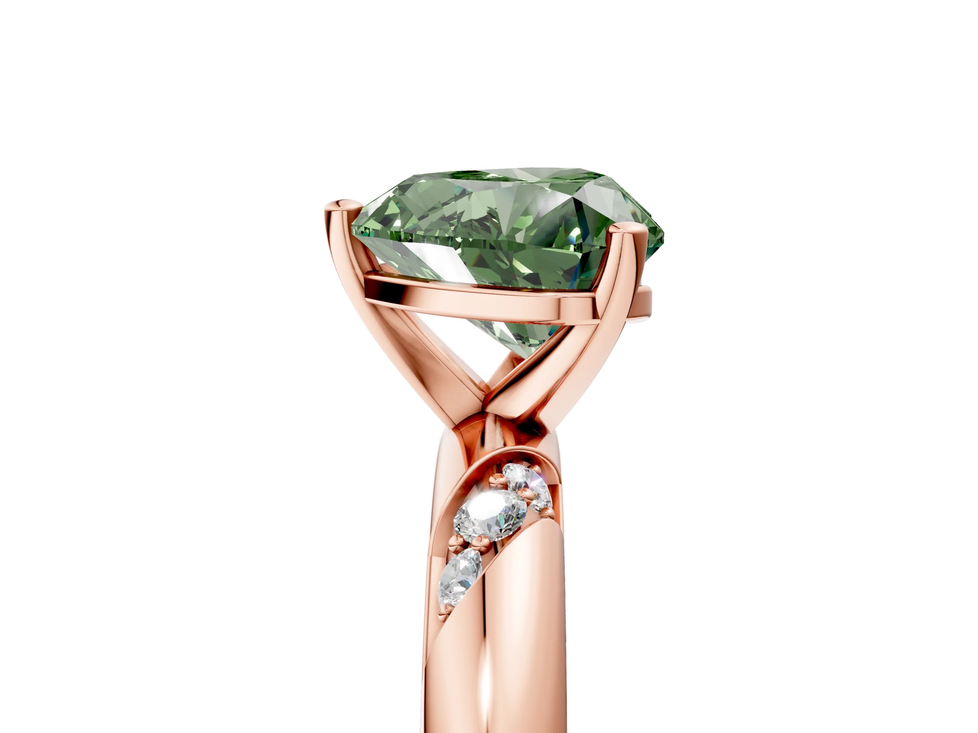 Rose gold Fancy Green Heart Cut Solitaire Diamond Engagement Ring with Twisted Pave Band and Four-Prong Setting_8