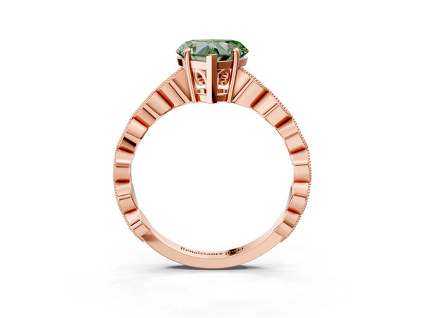 Rose gold Fancy Green Heart Cut Solitaire Diamond Ring with Infinity Twist Band and Four-Prong Setting