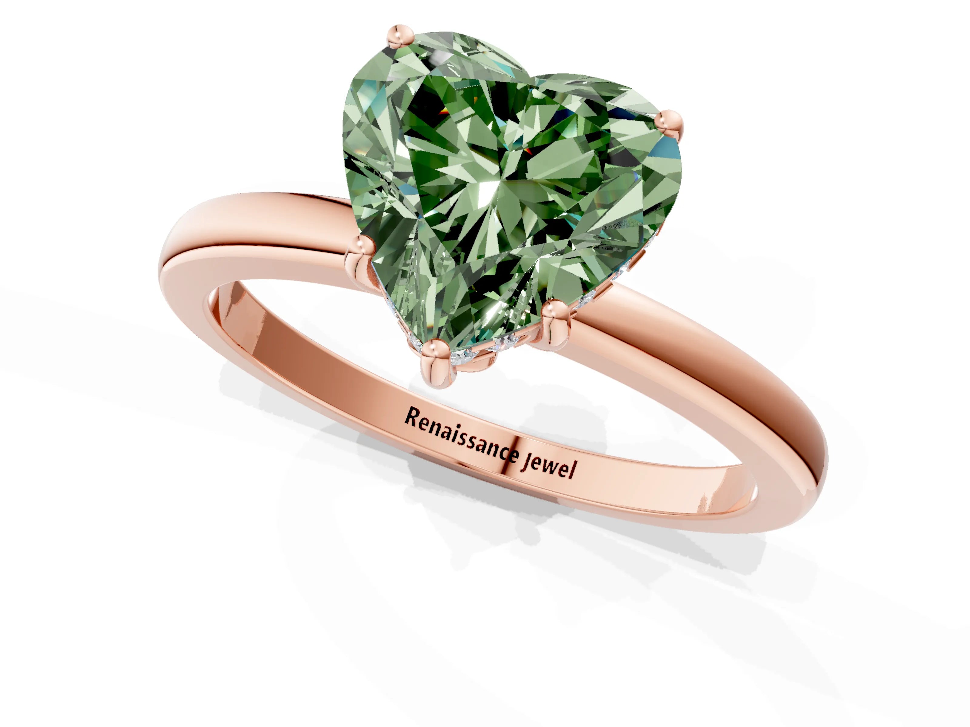 Rose gold Fancy Green Heart Cut Solitaire Diamond Ring with Prong Setting and Plain Band_1