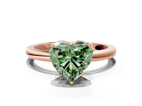 Rose gold Fancy Green Heart Cut Solitaire Diamond Ring with Prong Setting and Plain Band