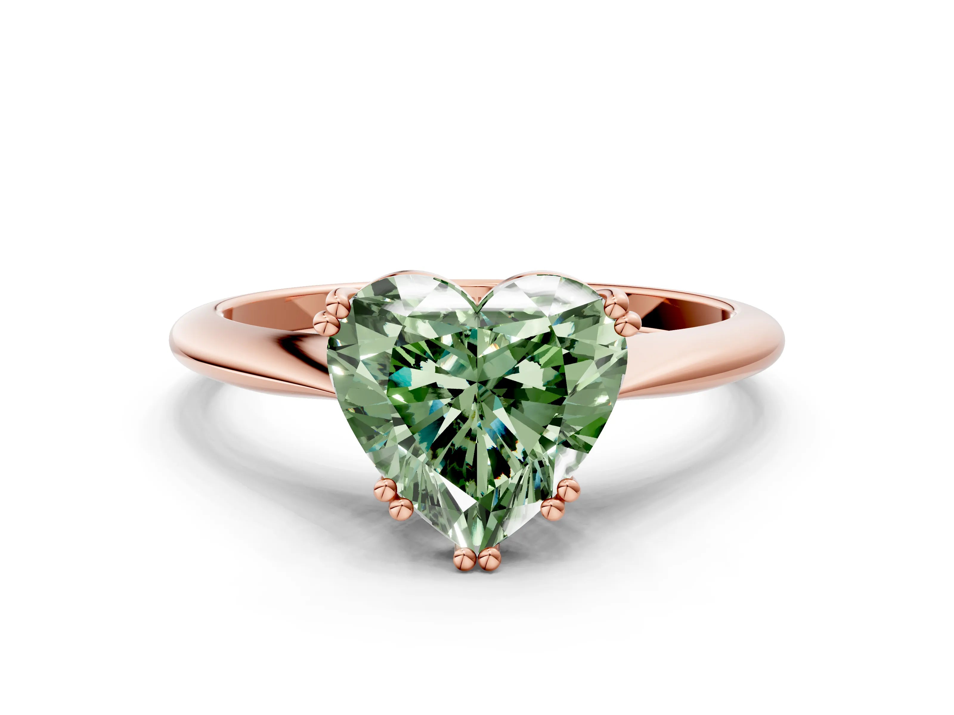 Rose gold Fancy Green Heart Cut Solitaire Diamond Ring with Six-Prong Setting and Classic Band