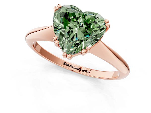 Rose gold Fancy Green Heart Cut Solitaire Diamond Ring with Six-Prong Setting and Classic Band