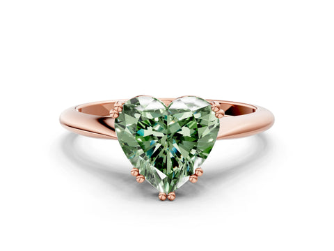 Rose gold Fancy Green Heart Cut Solitaire Diamond Ring with Six-Prong Setting and Classic Band
