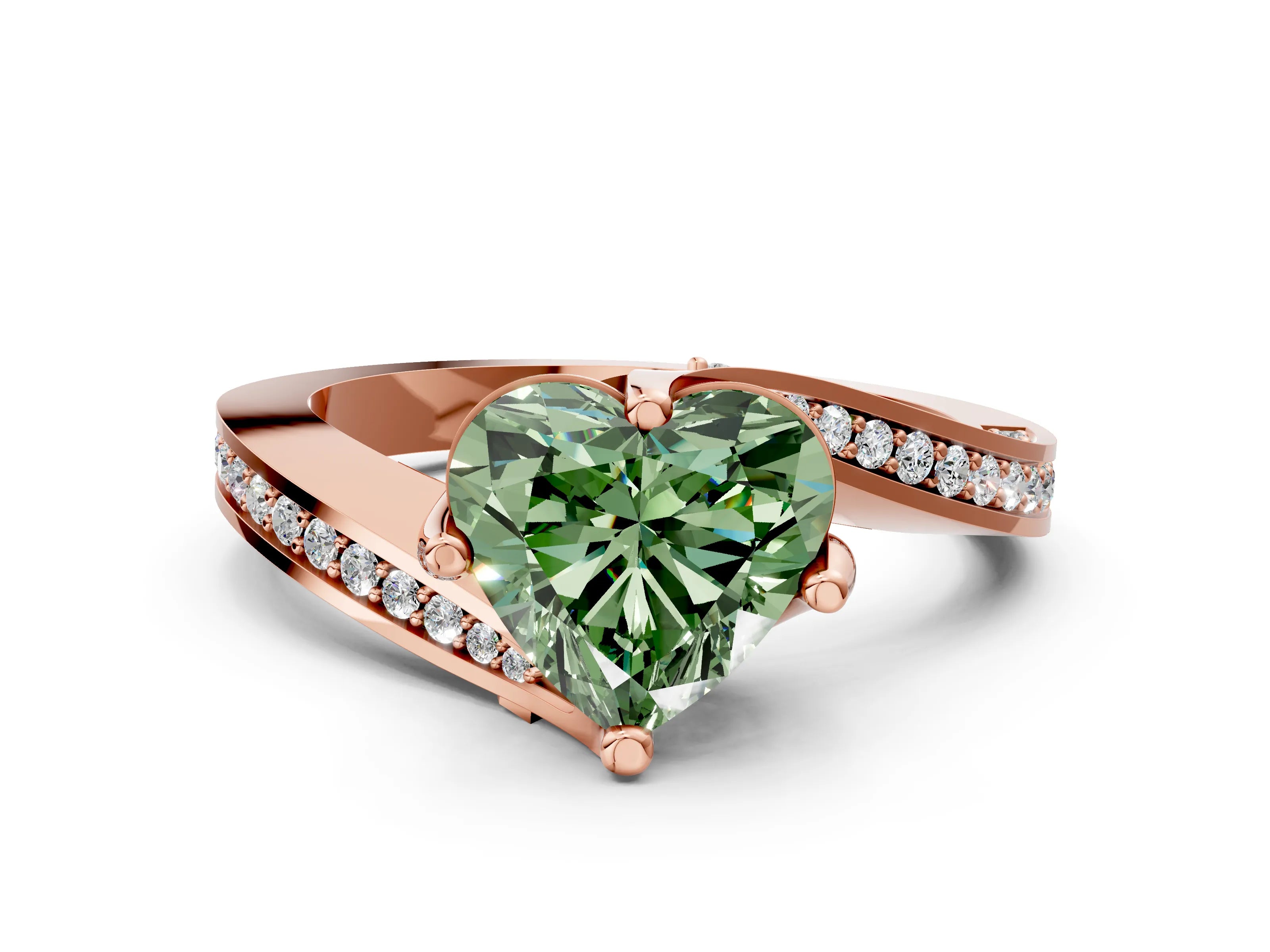 Rose gold Fancy Green Heart Cut Solitaire Diamond Twist Band with Pavé Setting and Four-Prong Setting