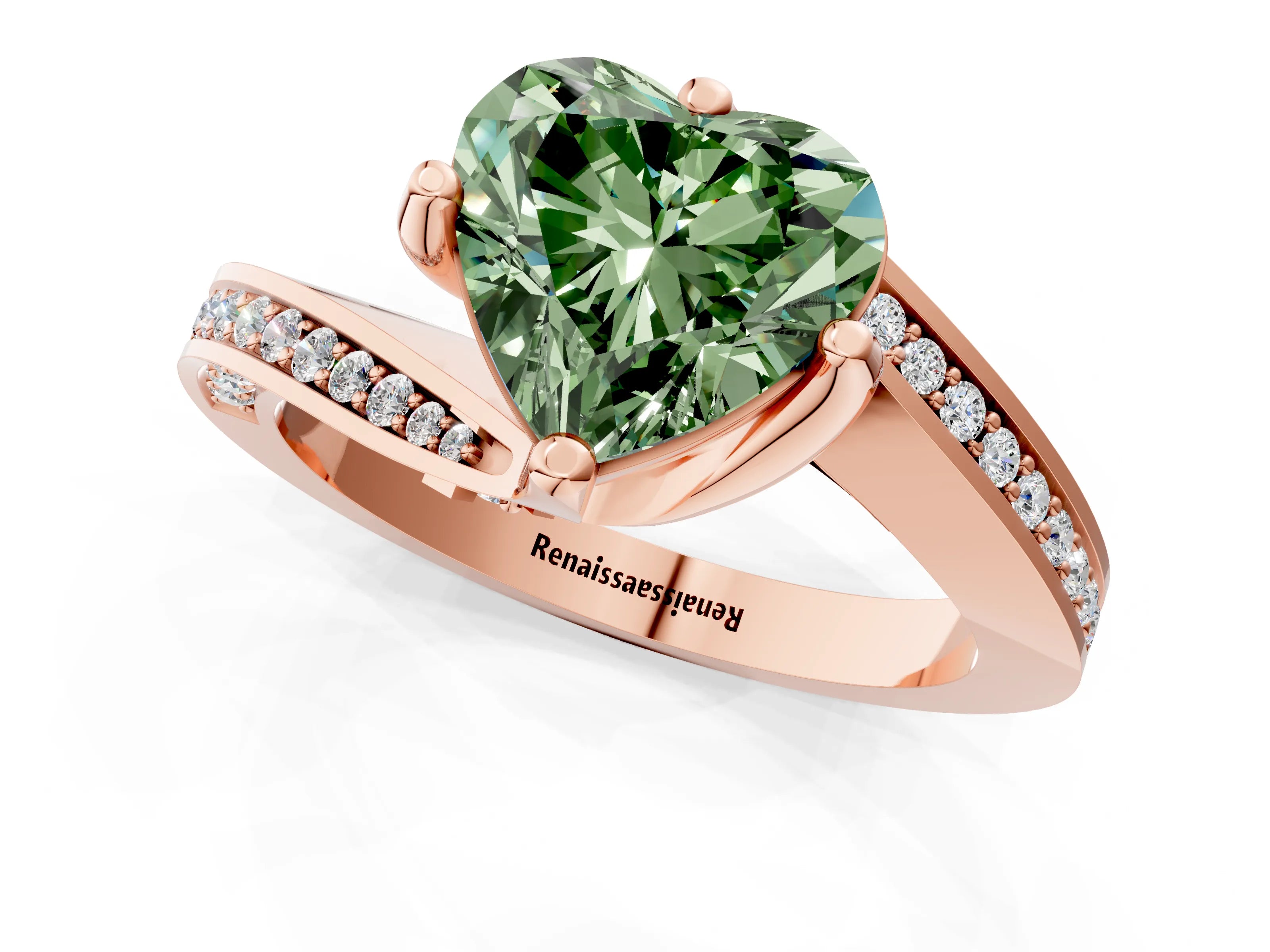 Rose gold Fancy Green Heart Cut Solitaire Diamond Twist Band with Pavé Setting and Four-Prong Setting_1