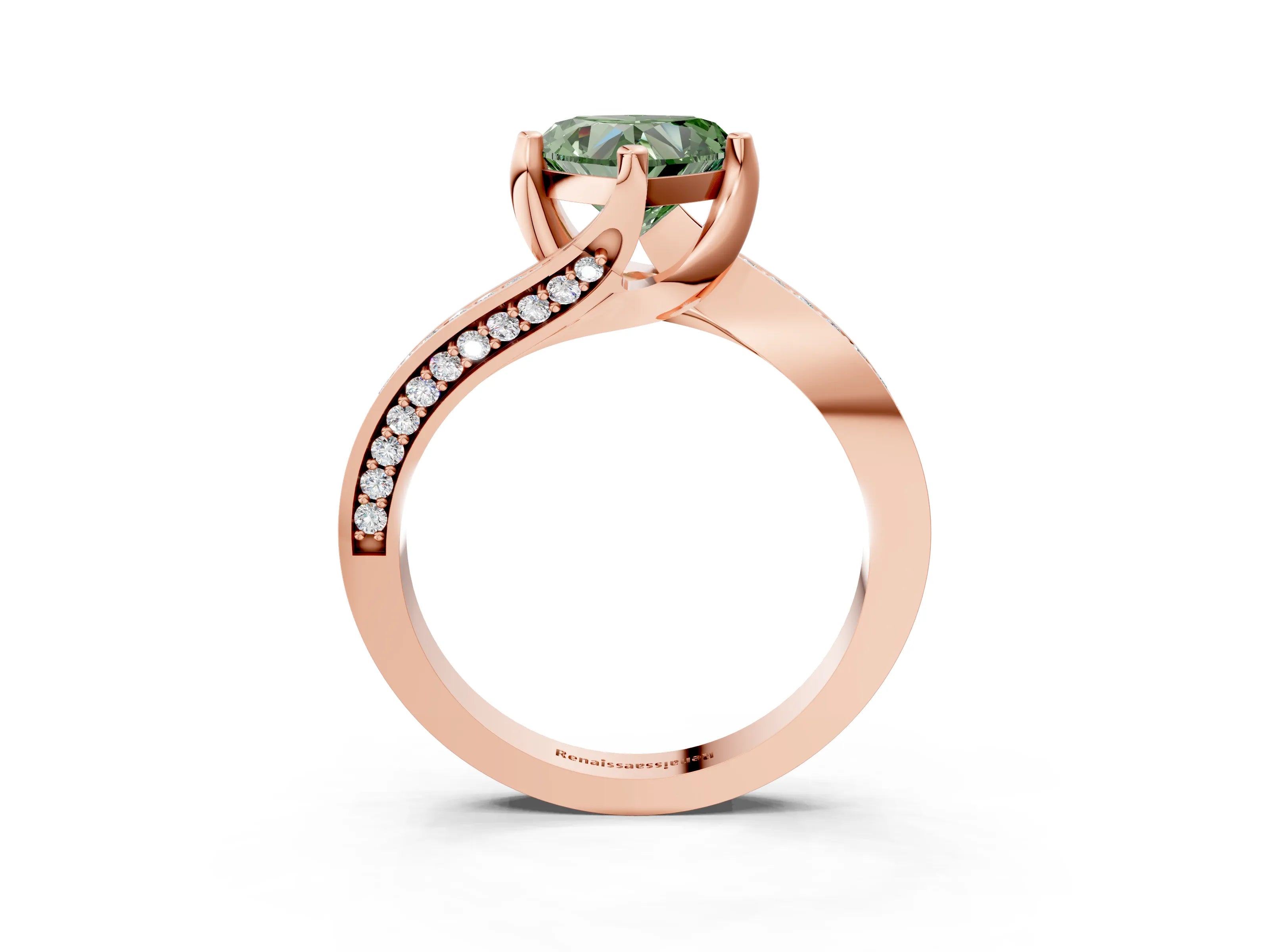 Rose gold Fancy Green Heart Cut Solitaire Diamond Twist Band with Pavé Setting and Four-Prong Setting_3