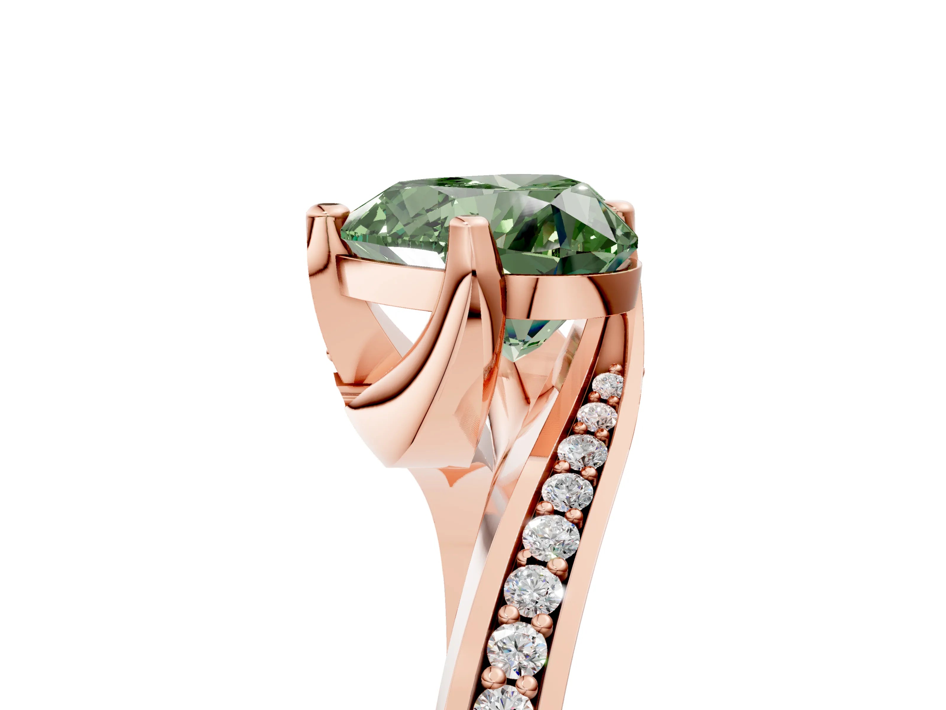 Rose gold Fancy Green Heart Cut Solitaire Diamond Twist Band with Pavé Setting and Four-Prong Setting_5