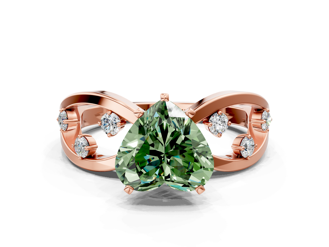 Rose gold Fancy Green Heart  Cut Solitaire Diamond with Side Stones on Criss-Cross Band and Four-Prong Setting