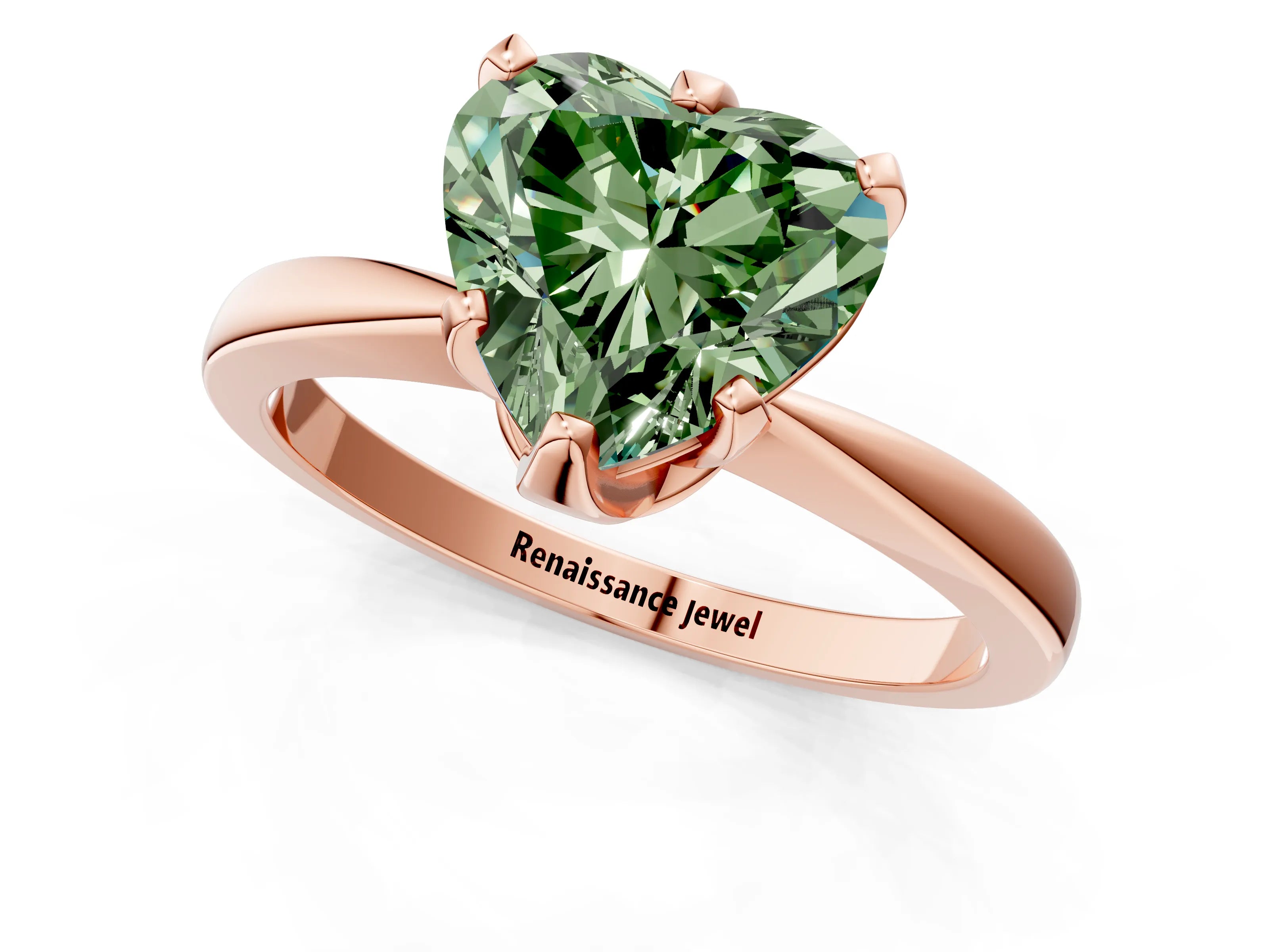 Rose gold Fancy Green Heart Cut Solitaire Engagement Ring with Six-Prong Setting and Tapered Band_1
