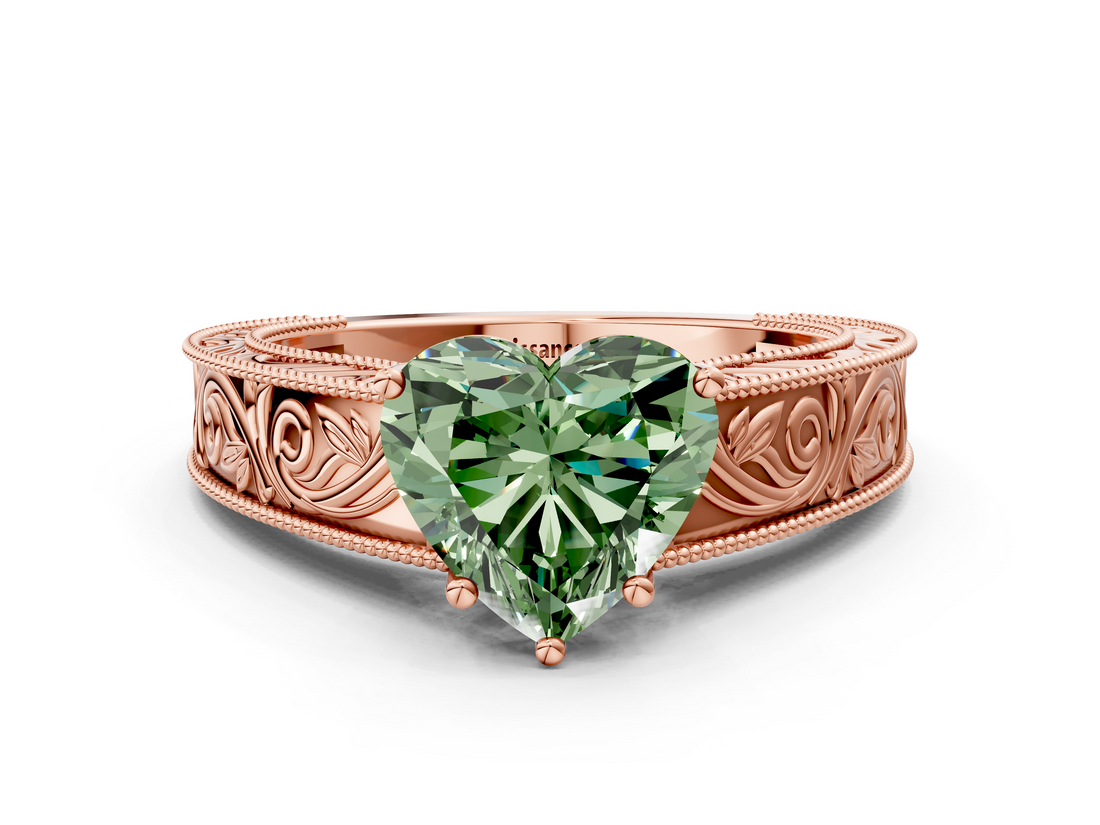 Rose gold Fancy Green Heart  Cut Solitaire Engraved Band with Four-Prong Setting