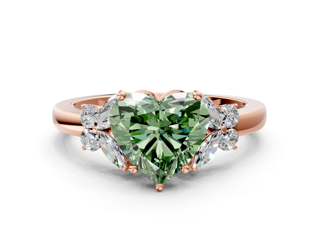 Rose gold Fancy Green Heart  Cut Solitaire Floral Diamond Ring with Four-Prong Setting