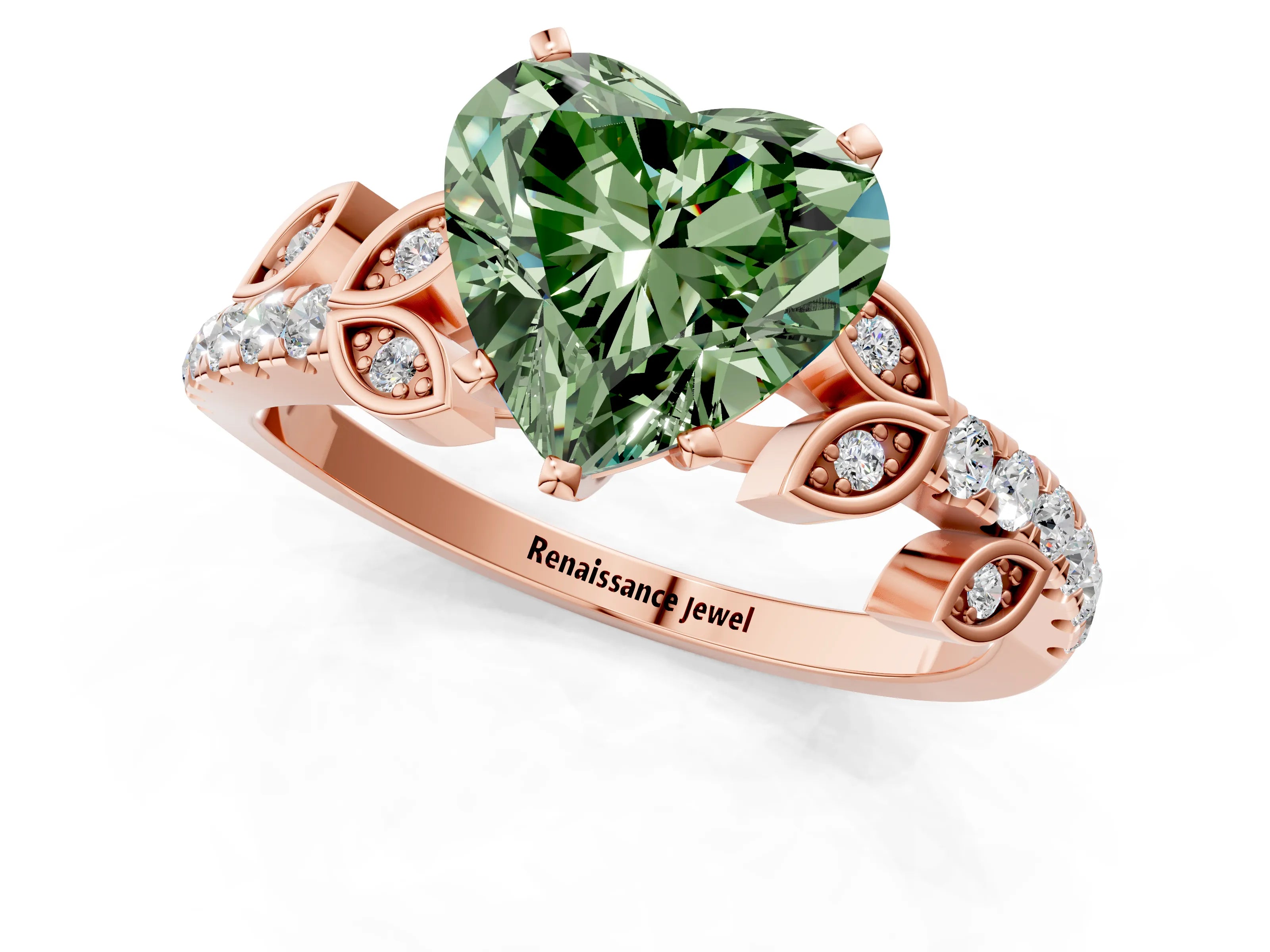 Rose gold Fancy Green Heart Cut Solitaire Leaf-Inspired Diamond Ring with Pavé Band and Four-Prong Setting_1