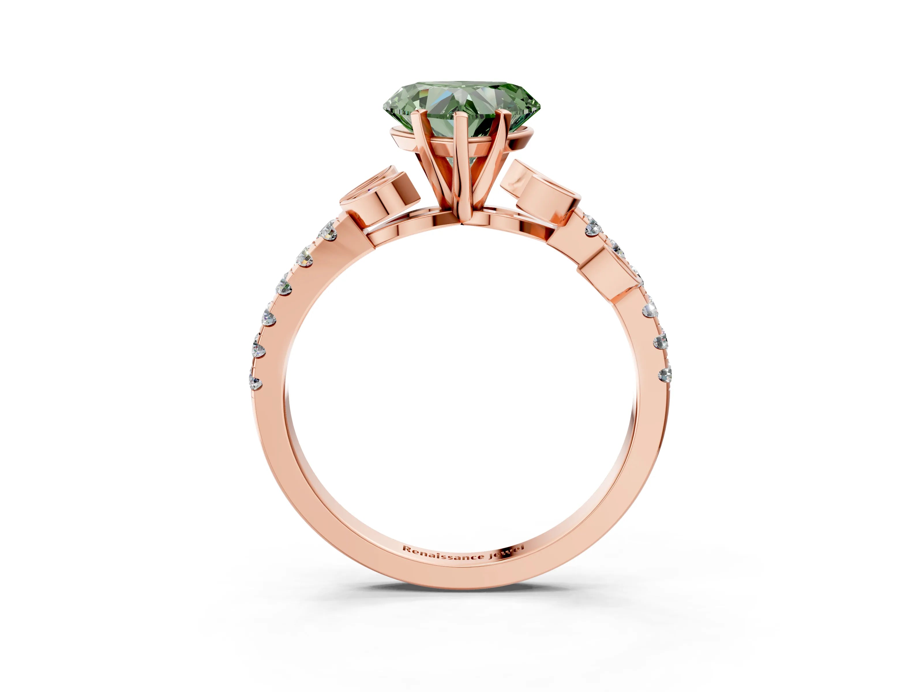 Rose gold Fancy Green Heart Cut Solitaire Leaf-Inspired Diamond Ring with Pavé Band and Four-Prong Setting_3