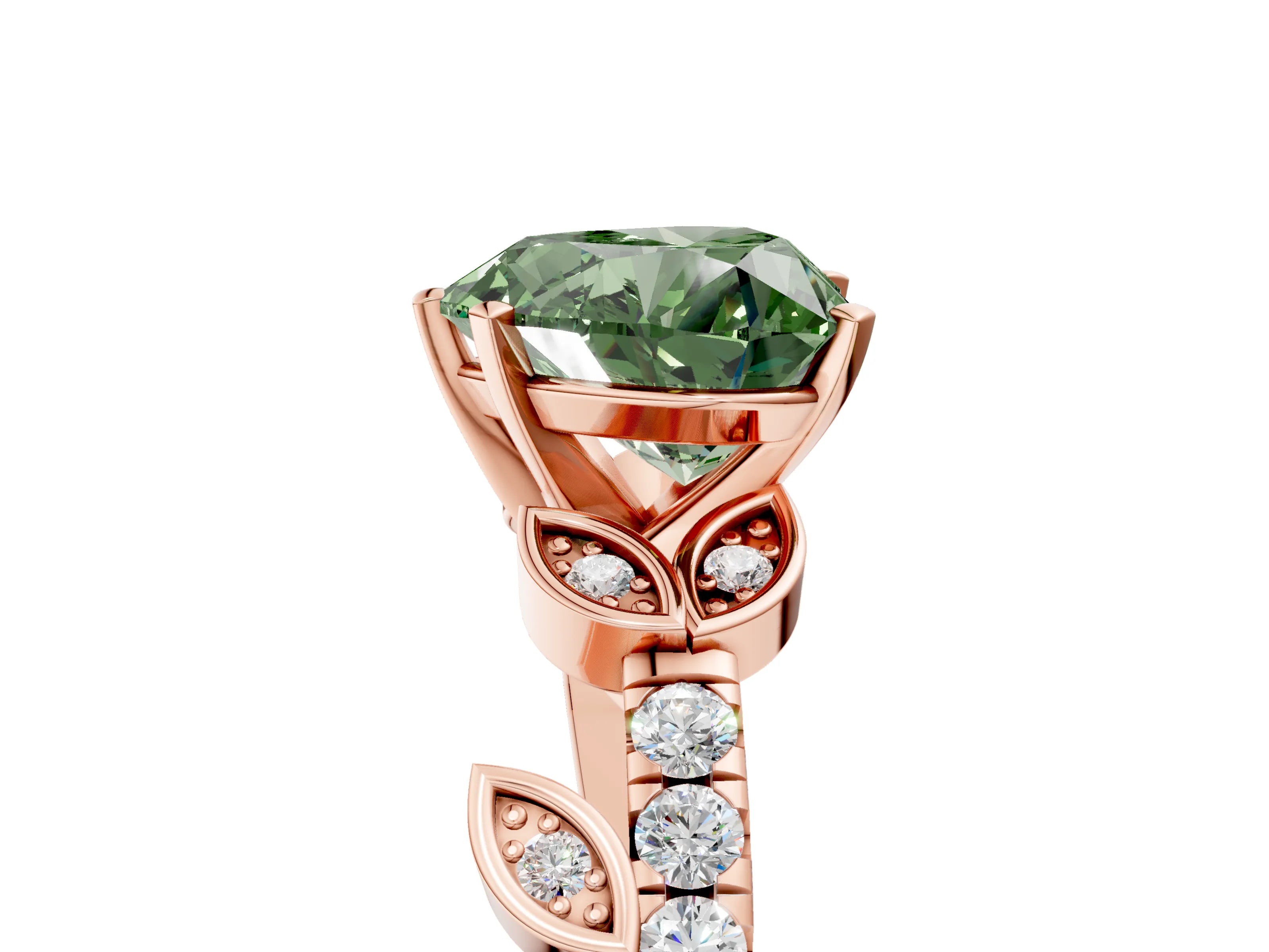 Rose gold Fancy Green Heart Cut Solitaire Leaf-Inspired Diamond Ring with Pavé Band and Four-Prong Setting_5