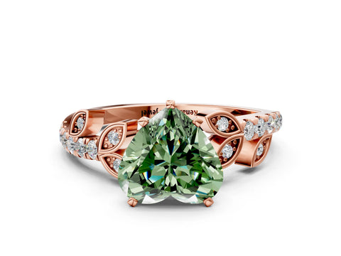 Rose gold Fancy Green Heart Cut Solitaire Leaf-Inspired Diamond Ring with Pavé Band and Four-Prong Setting