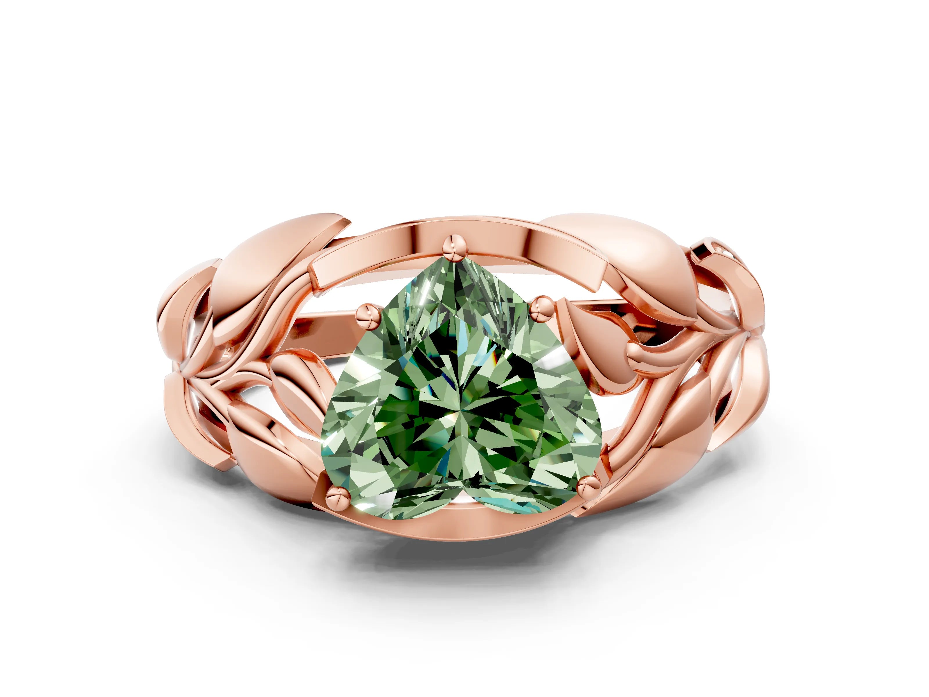 Rose gold Fancy Green Heart Cut Solitaire Leaf-Inspired Engagement Ring with Prong Setting