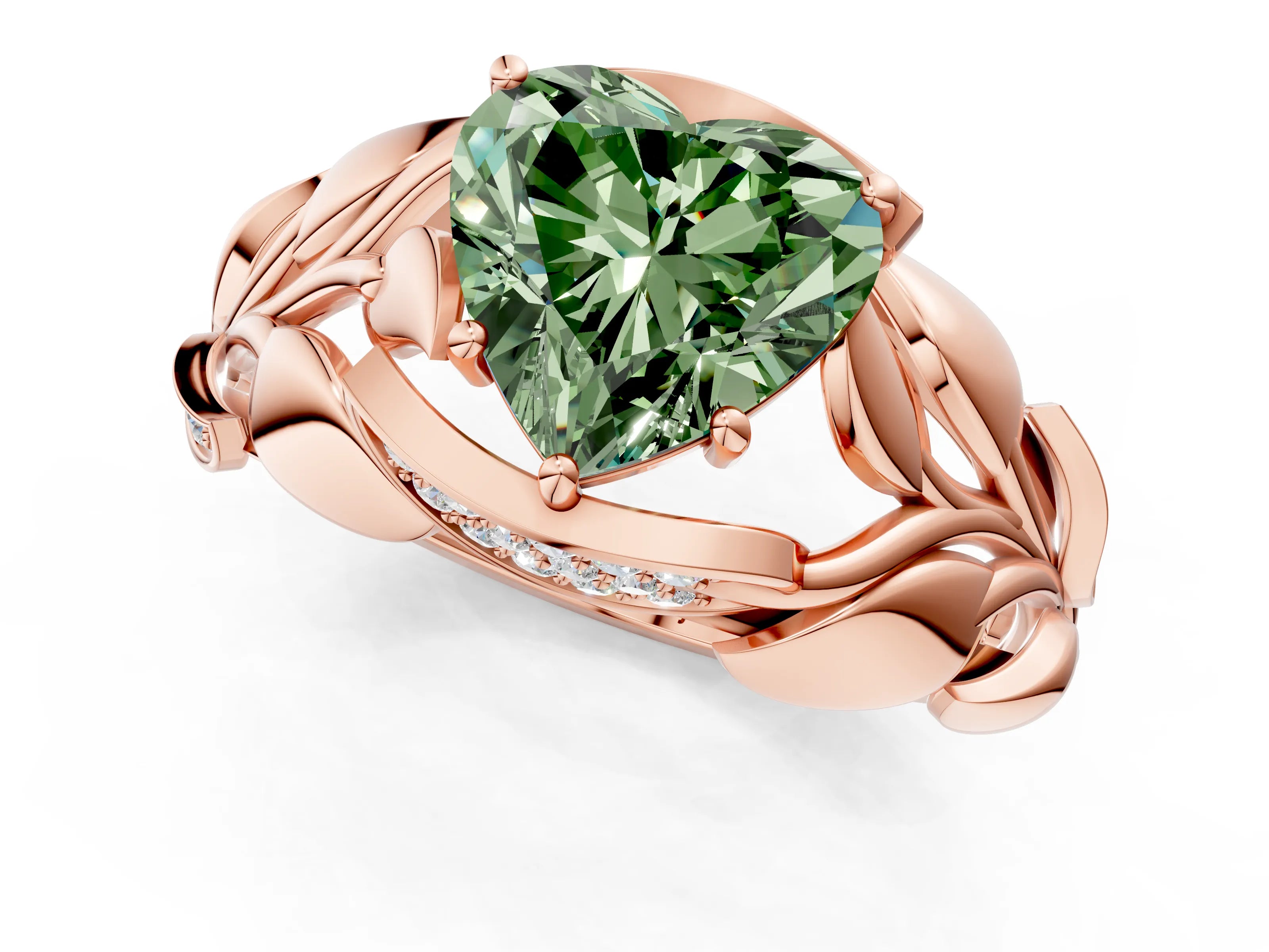 Rose gold Fancy Green Heart Cut Solitaire Leaf-Inspired Engagement Ring with Prong Setting_1