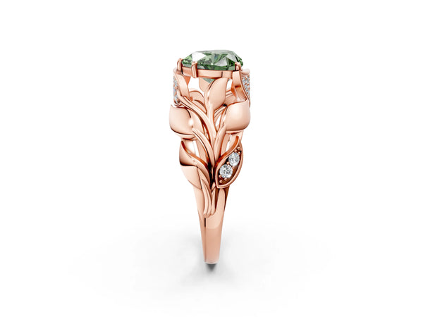 Rose Gold Heart-Shaped Pave Leaf Bypass Engagement Ring Setting for Fancy Green Center