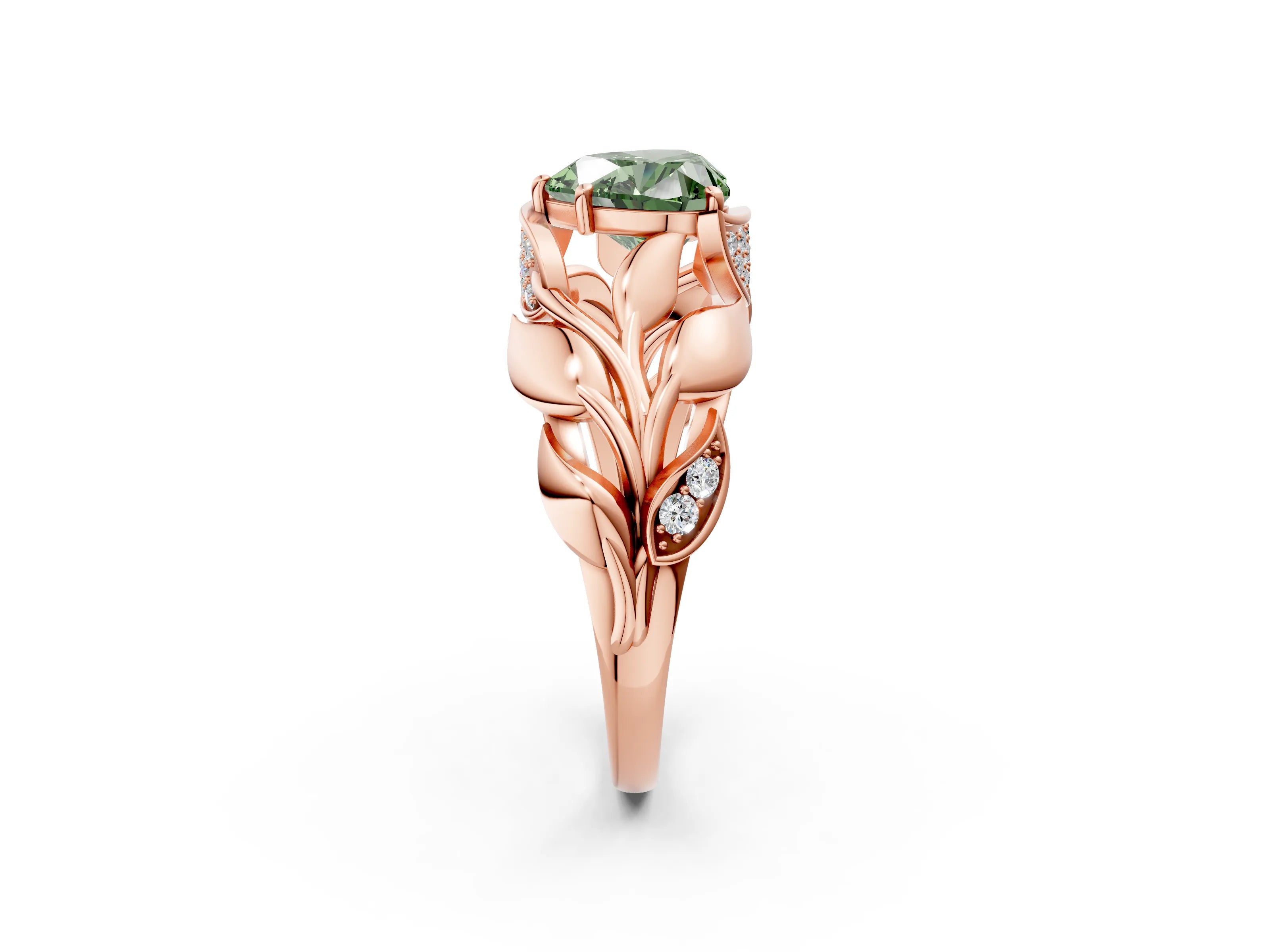 Rose gold Fancy Green Heart Cut Solitaire Leaf-Inspired Engagement Ring with Prong Setting_2
