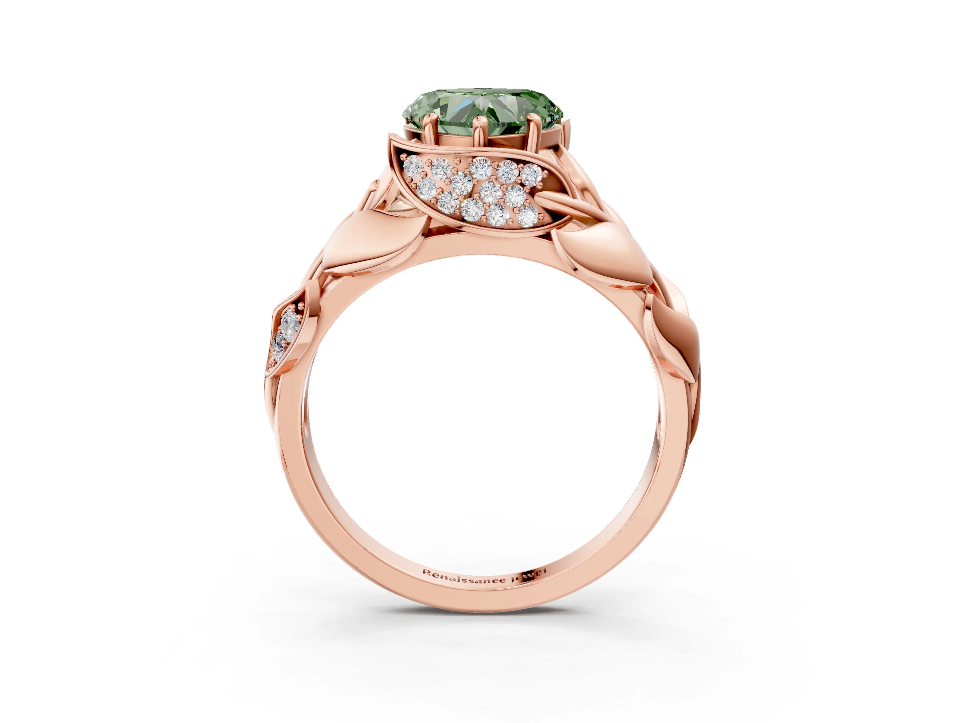 Rose gold Fancy Green Heart Cut Solitaire Leaf-Inspired Engagement Ring with Prong Setting_3