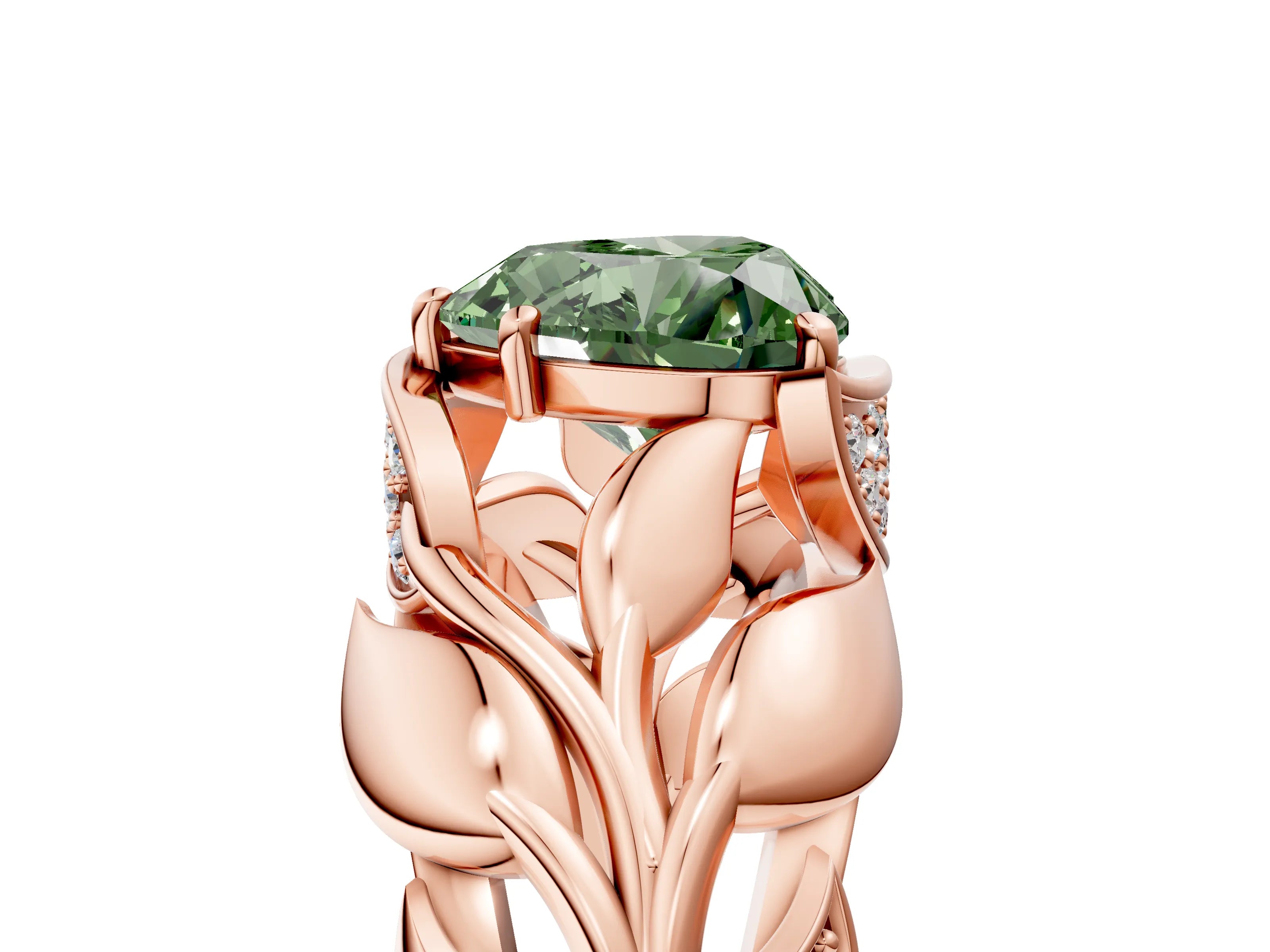 Rose gold Fancy Green Heart Cut Solitaire Leaf-Inspired Engagement Ring with Prong Setting_5