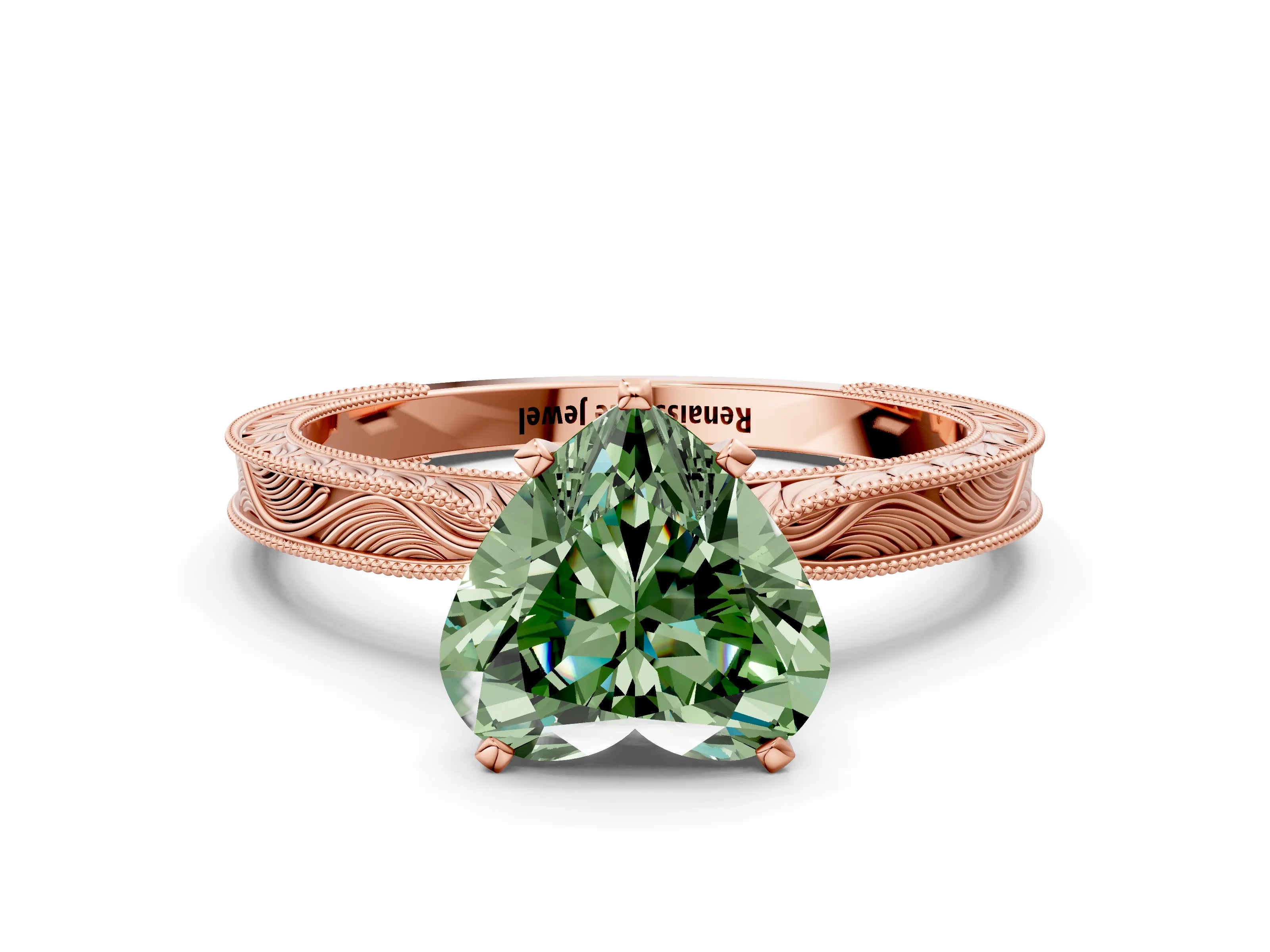 Rose gold Fancy Green Heart Cut Solitaire Milgrain Engraved Band with Four-Prong Setting