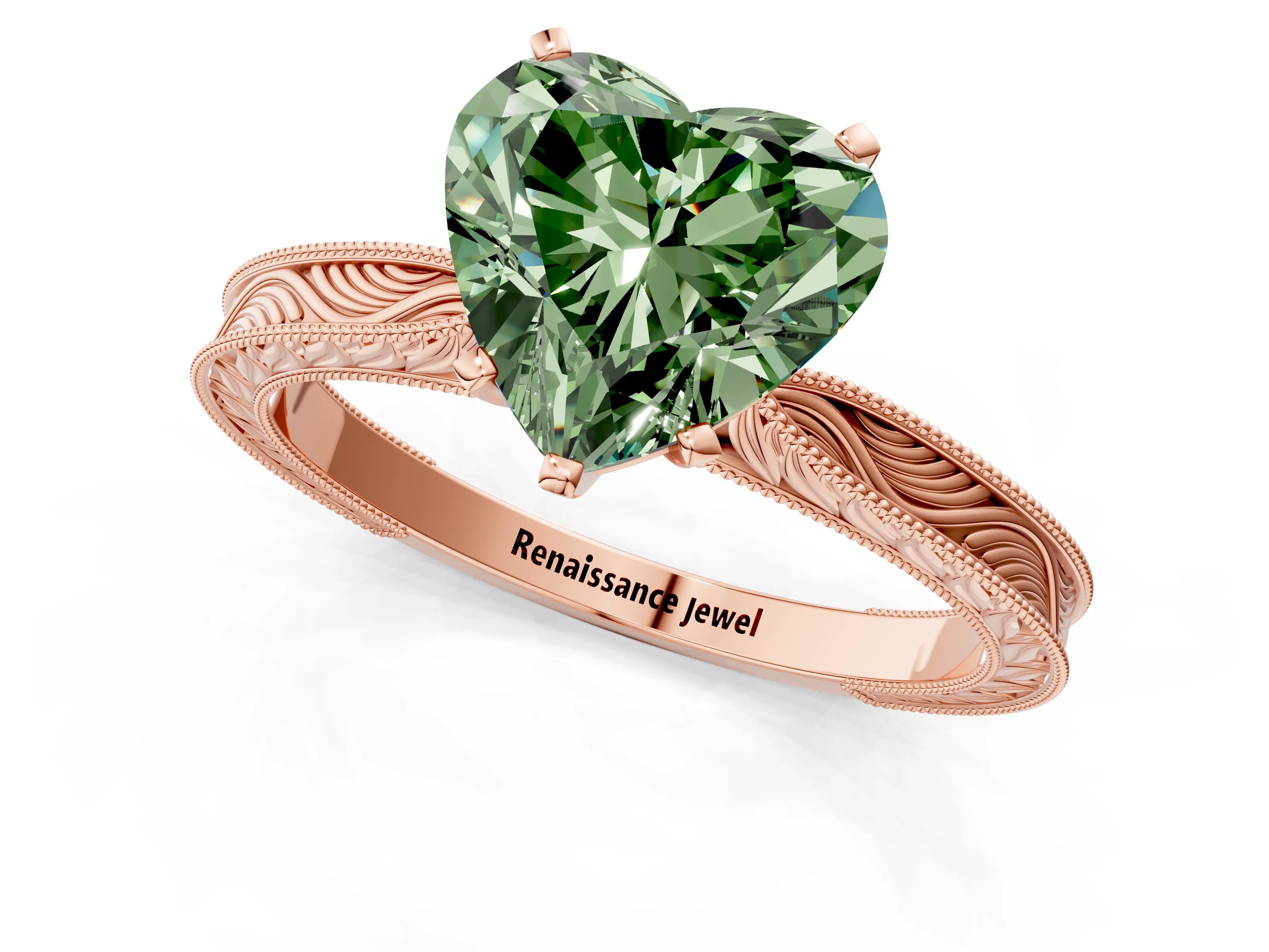 Rose gold Fancy Green Heart Cut Solitaire Milgrain Engraved Band with Four-Prong Setting_1