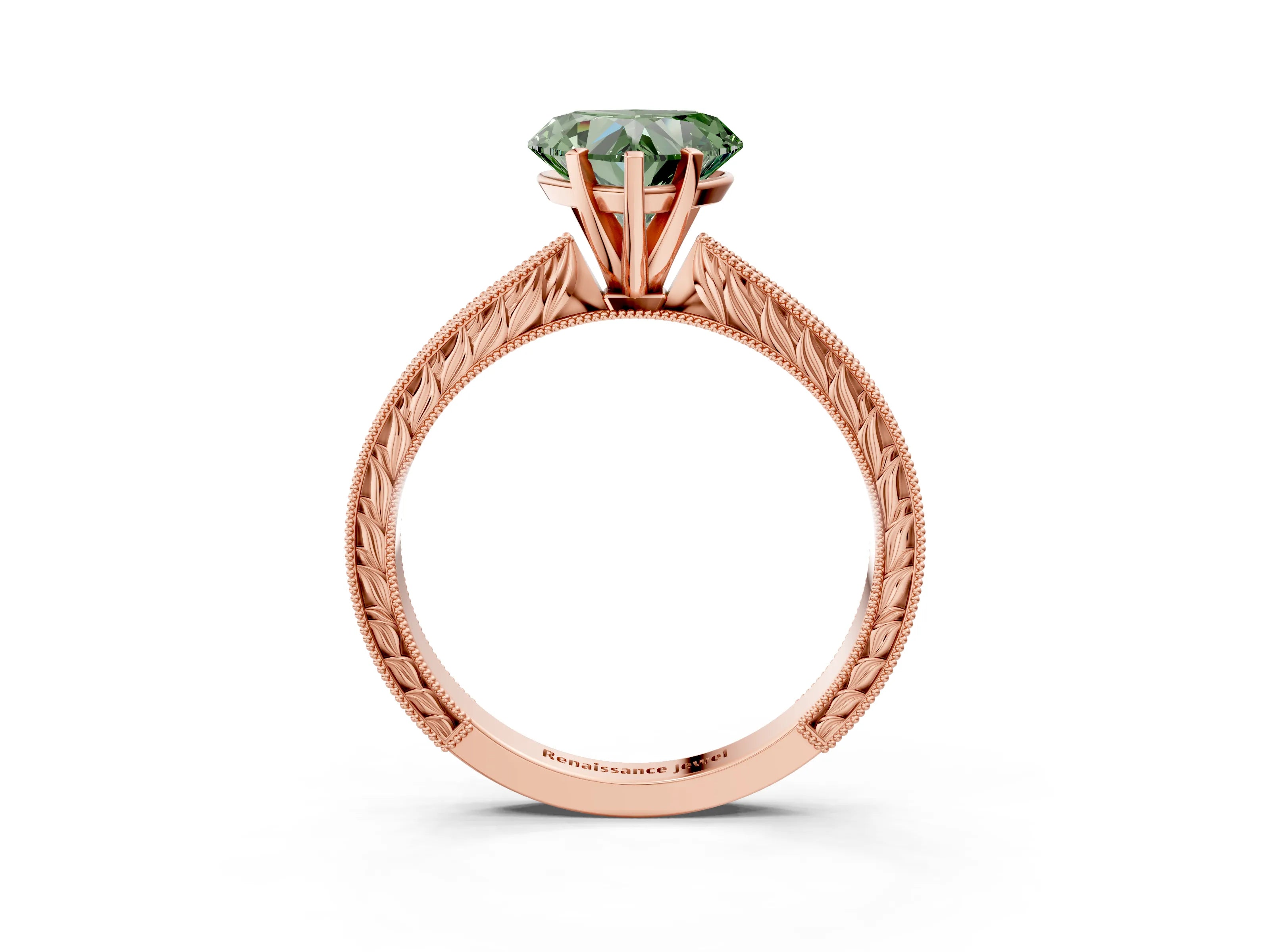 Rose gold Fancy Green Heart Cut Solitaire Milgrain Engraved Band with Four-Prong Setting_3