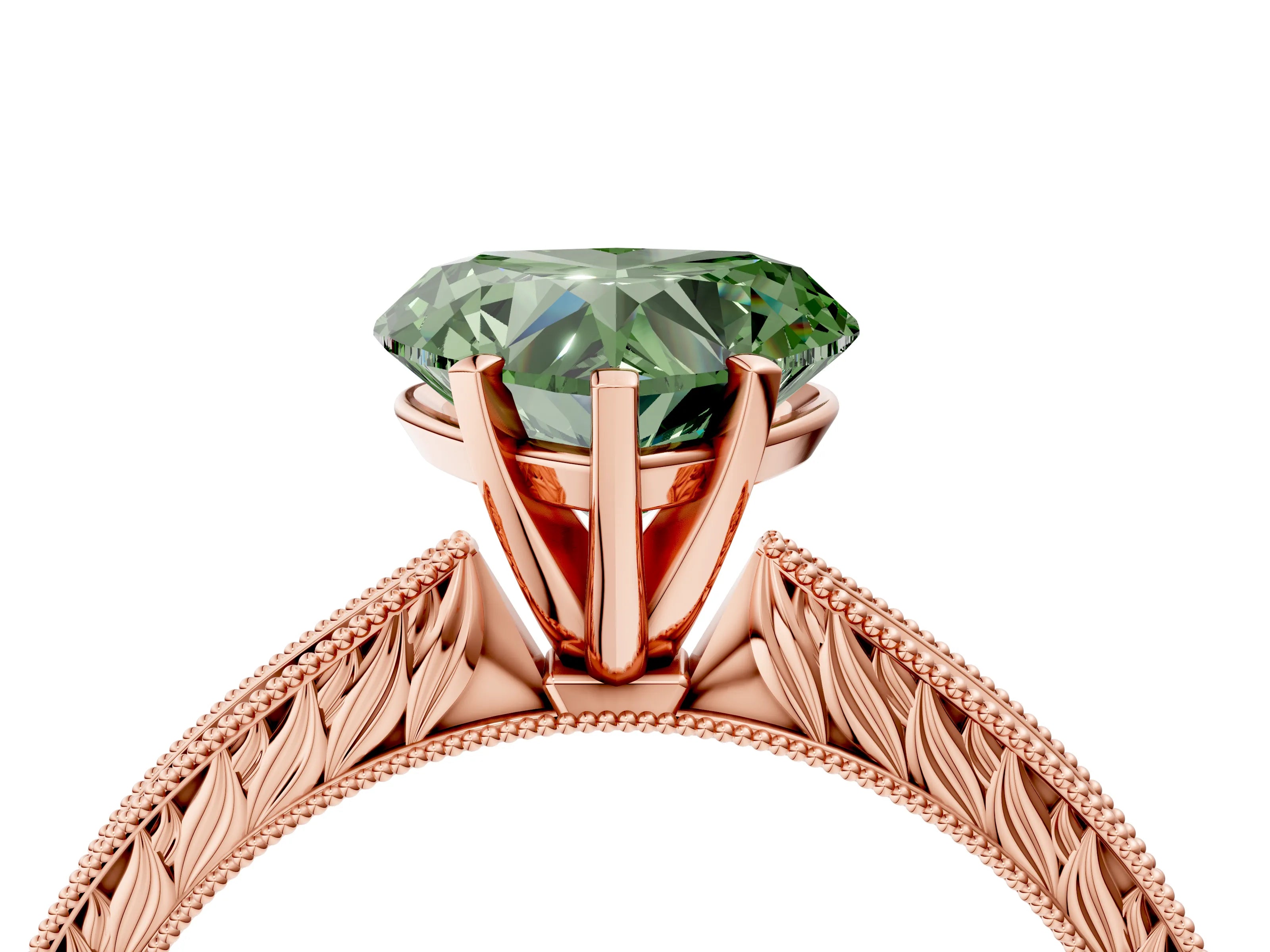 Rose gold Fancy Green Heart Cut Solitaire Milgrain Engraved Band with Four-Prong Setting_4