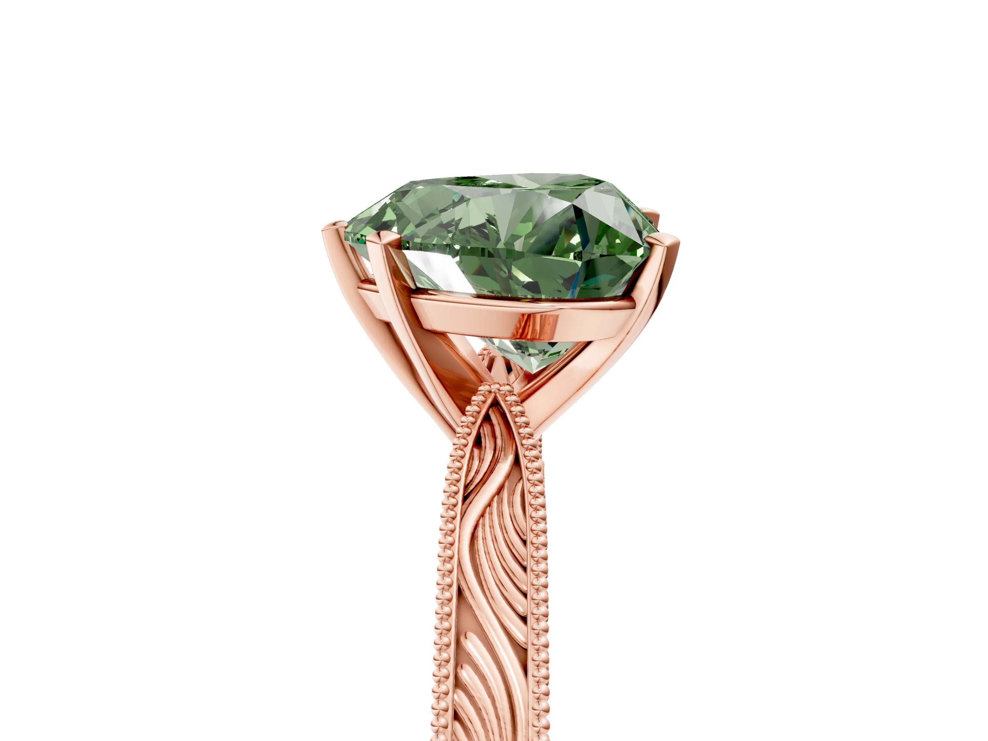 Rose gold Fancy Green Heart Cut Solitaire Milgrain Engraved Band with Four-Prong Setting_5