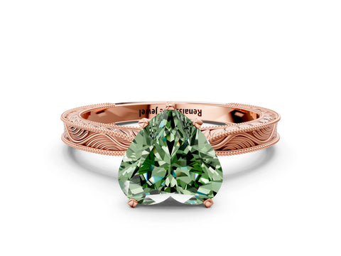 Rose gold Fancy Green Heart Cut Solitaire Milgrain Engraved Band with Four-Prong Setting