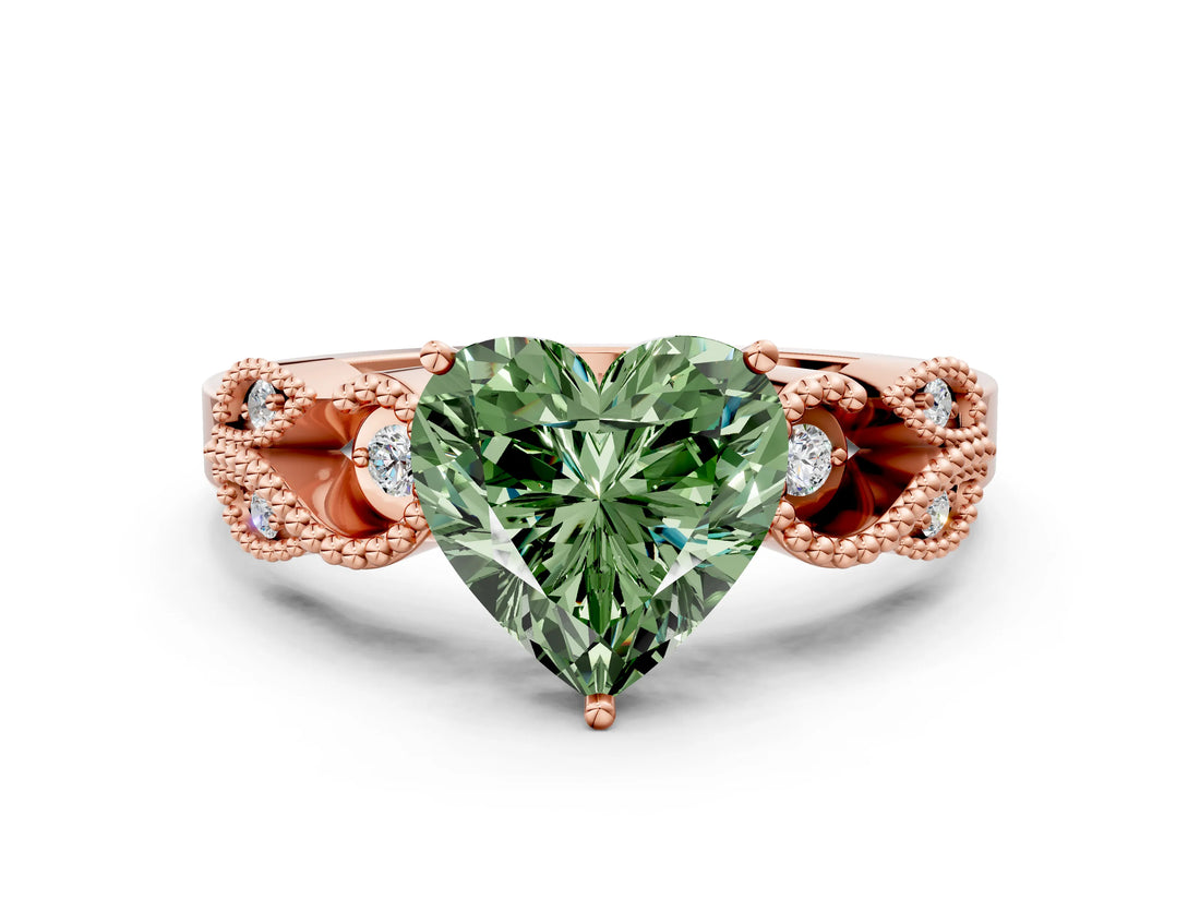 Rose gold Fancy Green Heart Cut Solitaire Milgrain Leaf Band with Prong Setting