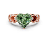 Rose gold Fancy Green Heart Cut Solitaire Milgrain Leaf Band with Prong Setting