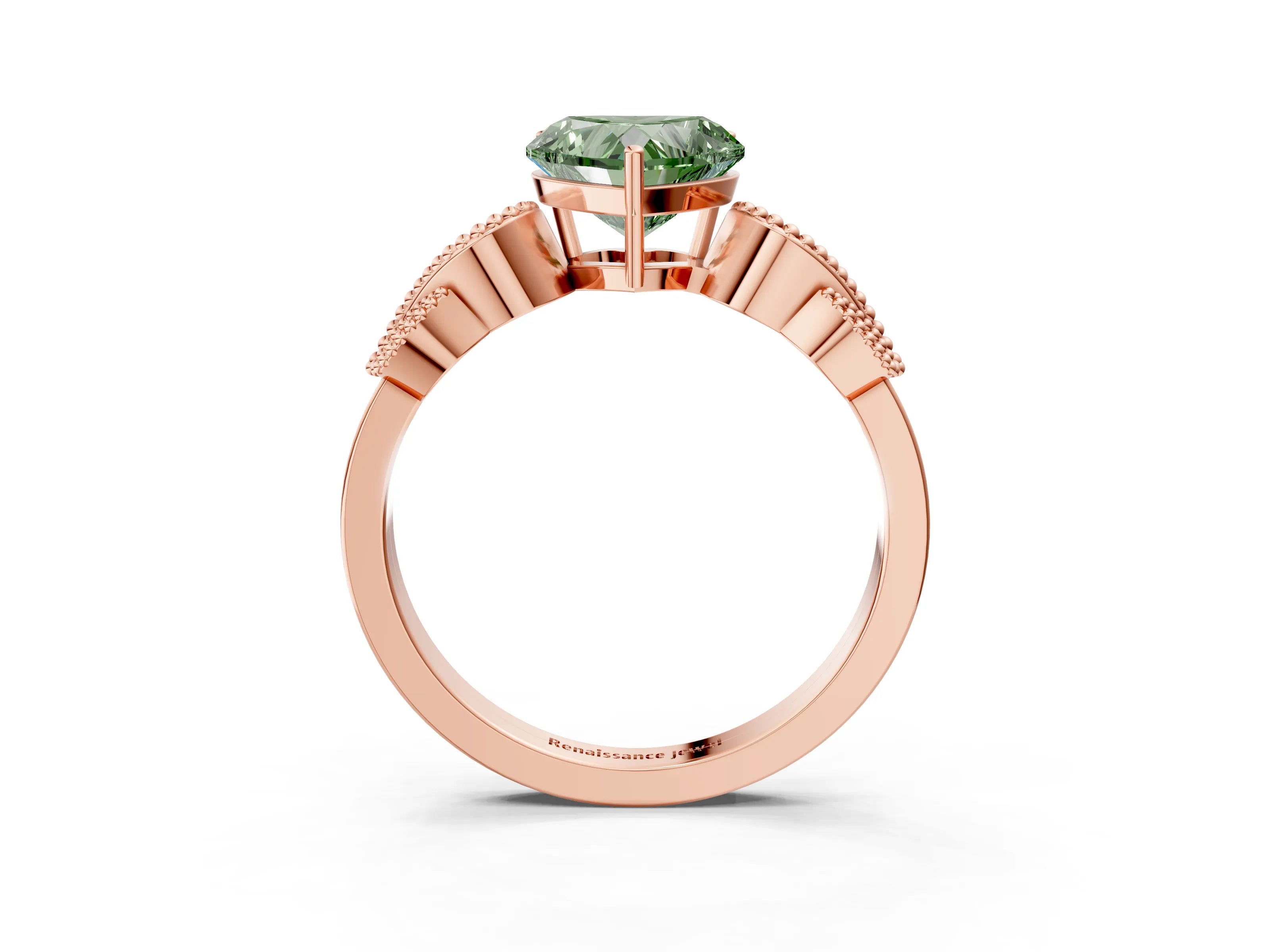 Rose gold Fancy Green Heart Cut Solitaire Milgrain Leaf Band with Prong Setting_3