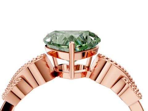 Rose gold Fancy Green Heart Cut Solitaire Milgrain Leaf Band with Prong Setting_4