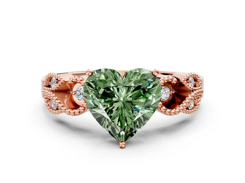 Rose gold Fancy Green Heart Cut Solitaire Milgrain Leaf Band with Prong Setting