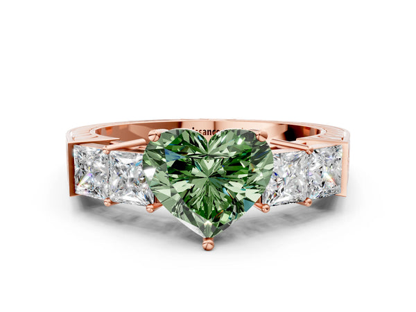 Rose gold Fancy Green Heart Cut Solitaire Princess Side Stone Engraved Band Prong Setting Ring