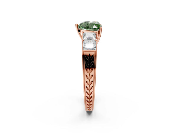 Rose gold Fancy Green Heart Cut Solitaire Princess Side Stone Engraved Band Prong Setting Ring