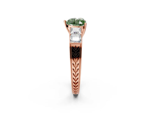 Rose gold Fancy Green Heart Cut Solitaire Princess Side Stone Engraved Band Prong Setting Ring_2